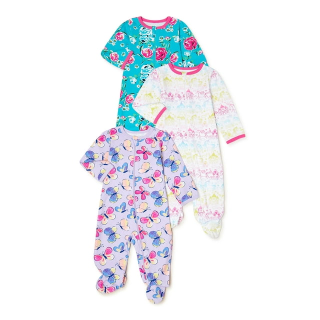 Wonder Nation Newborn Baby Girl Sleep and Play Pajamas, 3Pack, Preemie