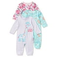Wonder Nation Newborn Baby Girl Sleep and Play Pajamas, 3 Pack, Preemie