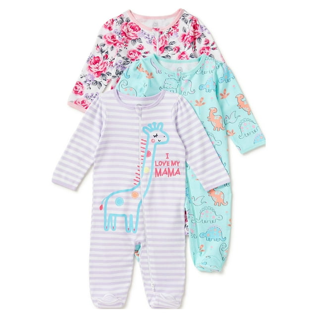 Wonder Nation Newborn Baby Girl Sleep and Play Pajamas, 3 Pack, Preemie