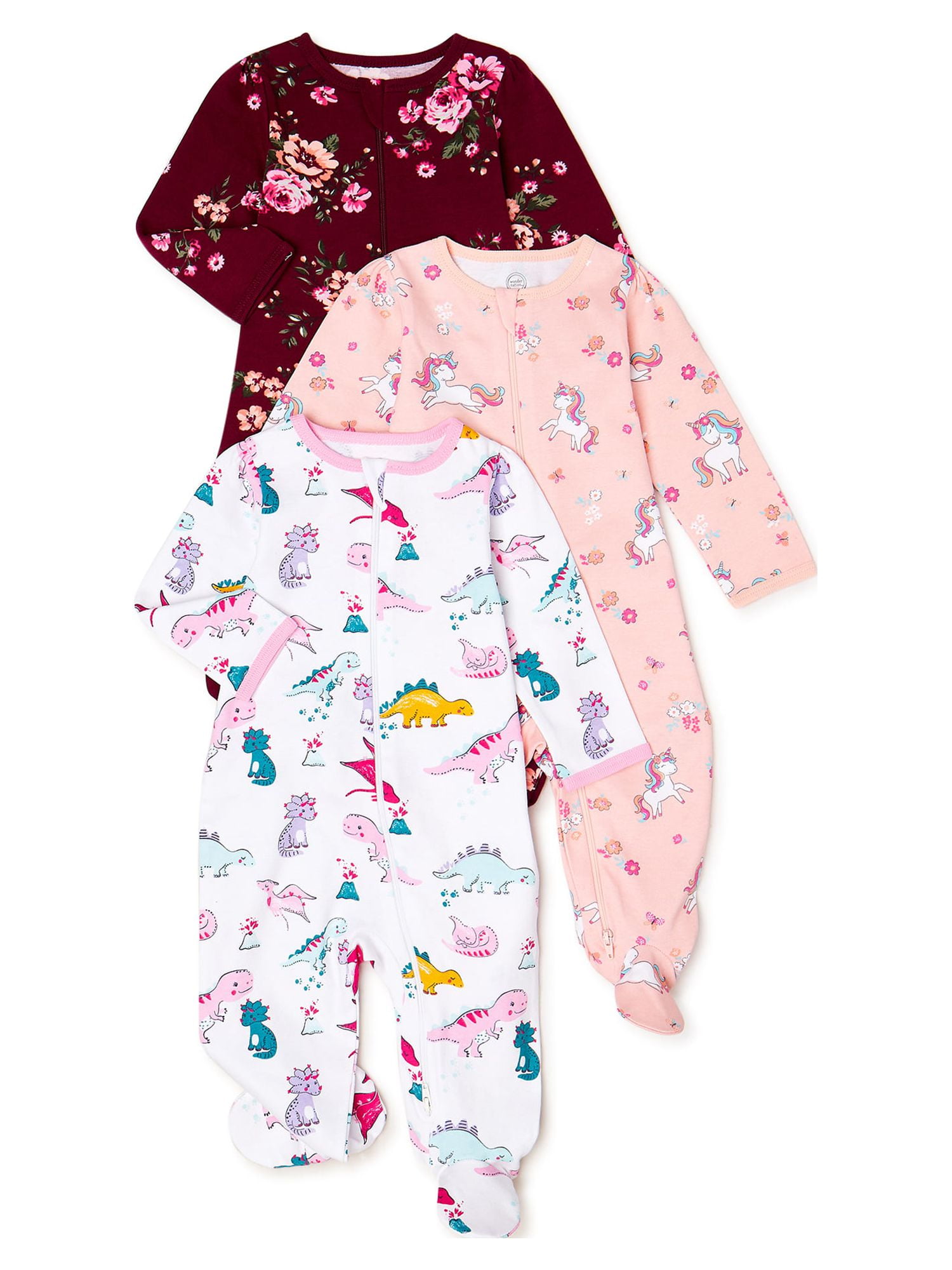 Wonder Nation Newborn Baby Girl Sleep and Play Pajamas, 3 Pack, Preemie