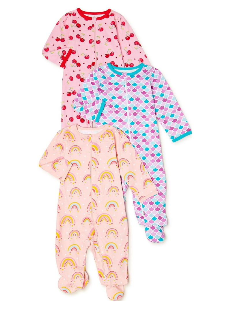 Wonder Nation Newborn Baby Girl Sleep and Play Pajamas, 3-Pack