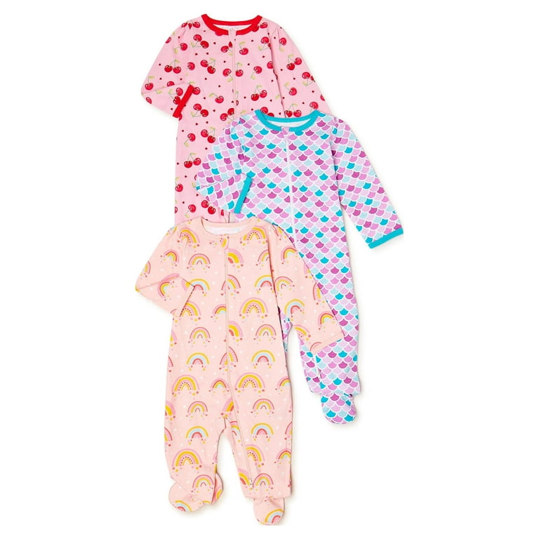 Wonder Nation Newborn Baby Girl Sleep and Play Pajamas, 3-Pack, Preemie-6/9  Months