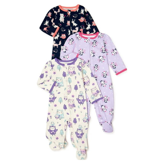 Wonder Nation Newborn Baby Girl Sleep and Play Pajamas, 3 Pack, Preemie-6/9 Months