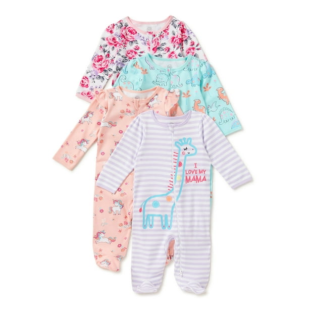 Wonder Nation Newborn Baby Girl Sleep and Play Pajamas, 4 Pack (Pre6/9M)