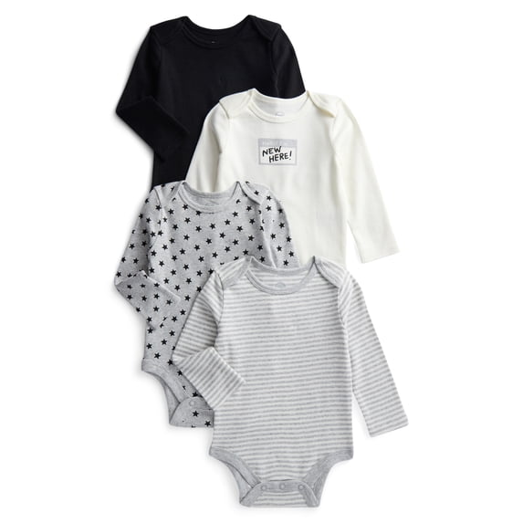 Wonder Nation Organic Cotton Baby 4-pack Long Sleeve Bodysuit, Sizes 0/3 Months-24 Months