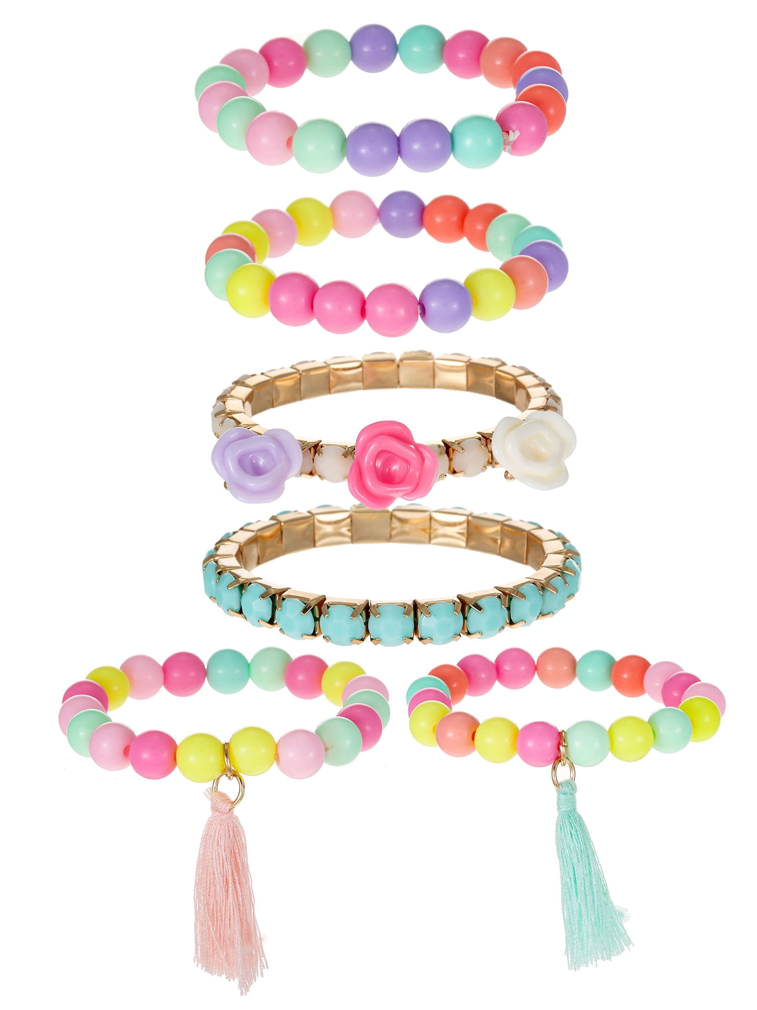 Wonder Nation Charm & Tassel Stretch Bracelets, Multi-Color Pastel, 6 Pieces