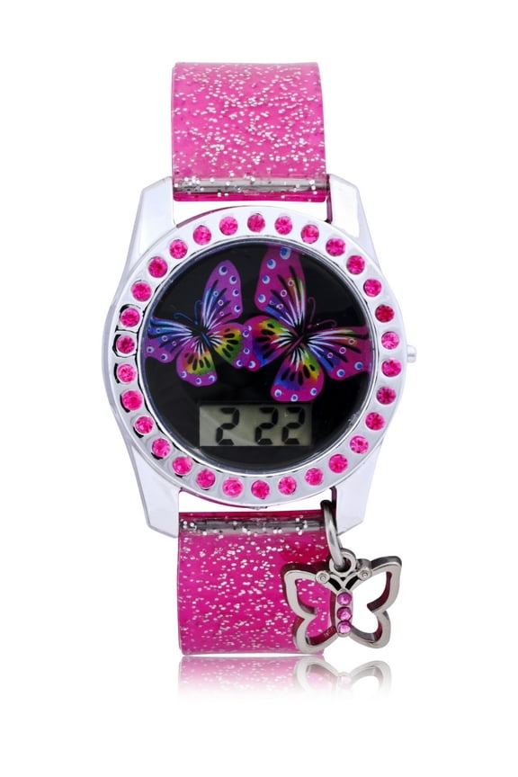 Pink Glitter Butterfly LCD Watch with Silicone Strap with hanging Butterfly Charm (WN4295WM)