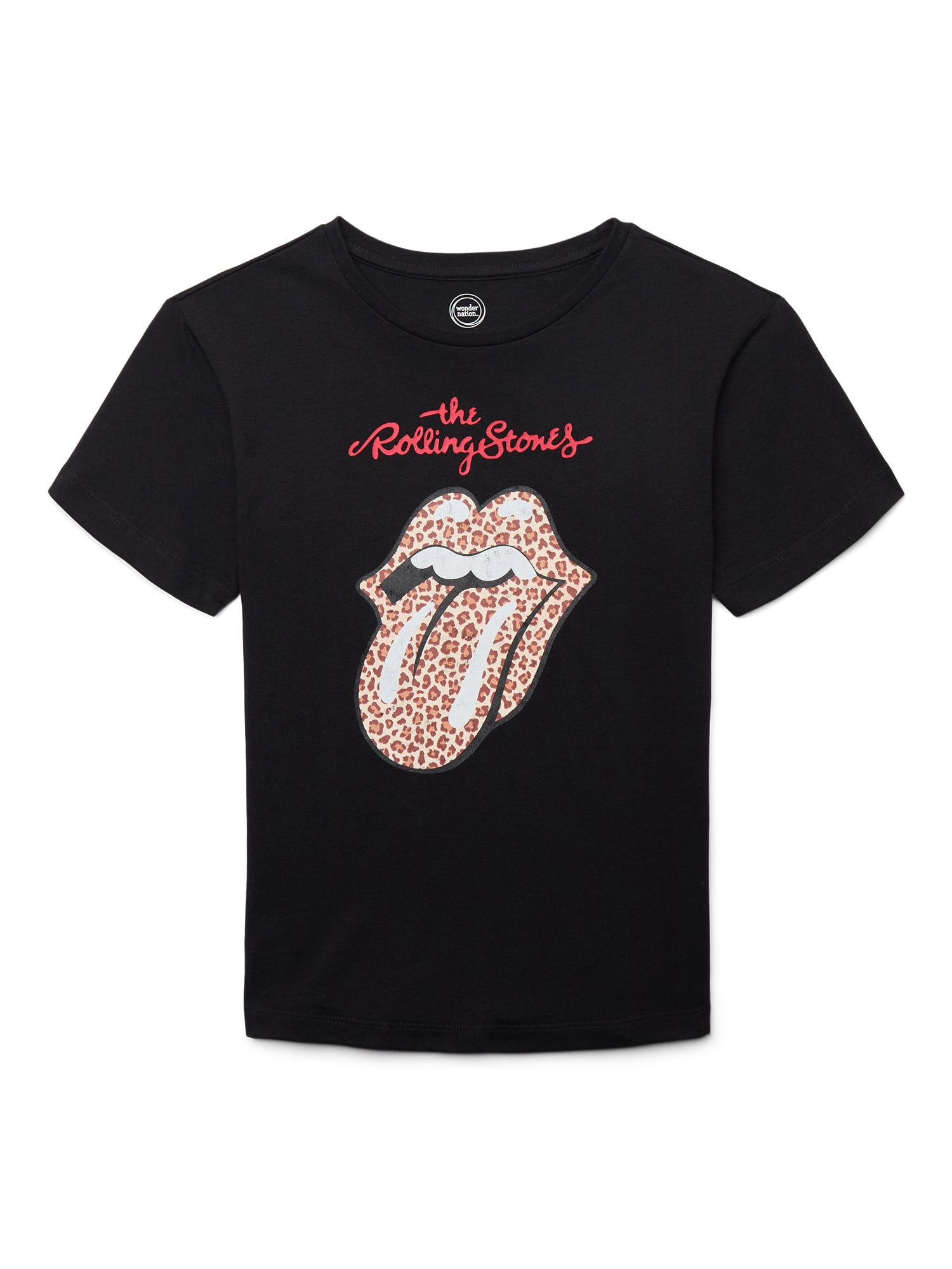 Wonder Nation Girls Rolling Stones Animal Print Graphic Tee with Short Sleeves, Sizes 4-18
