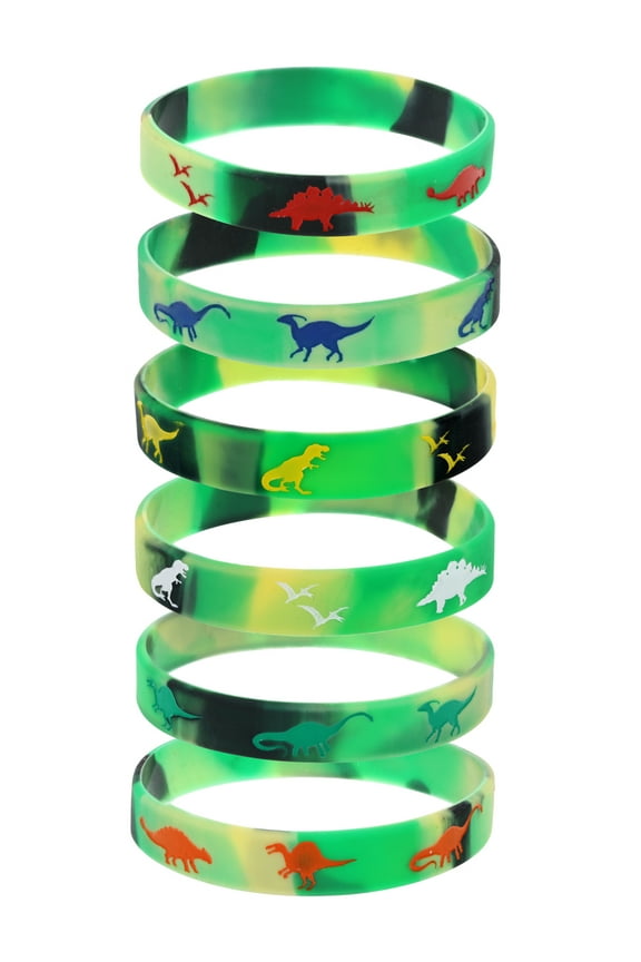 Rubber Dinosaur Bracelets, Green, 6 Pieces