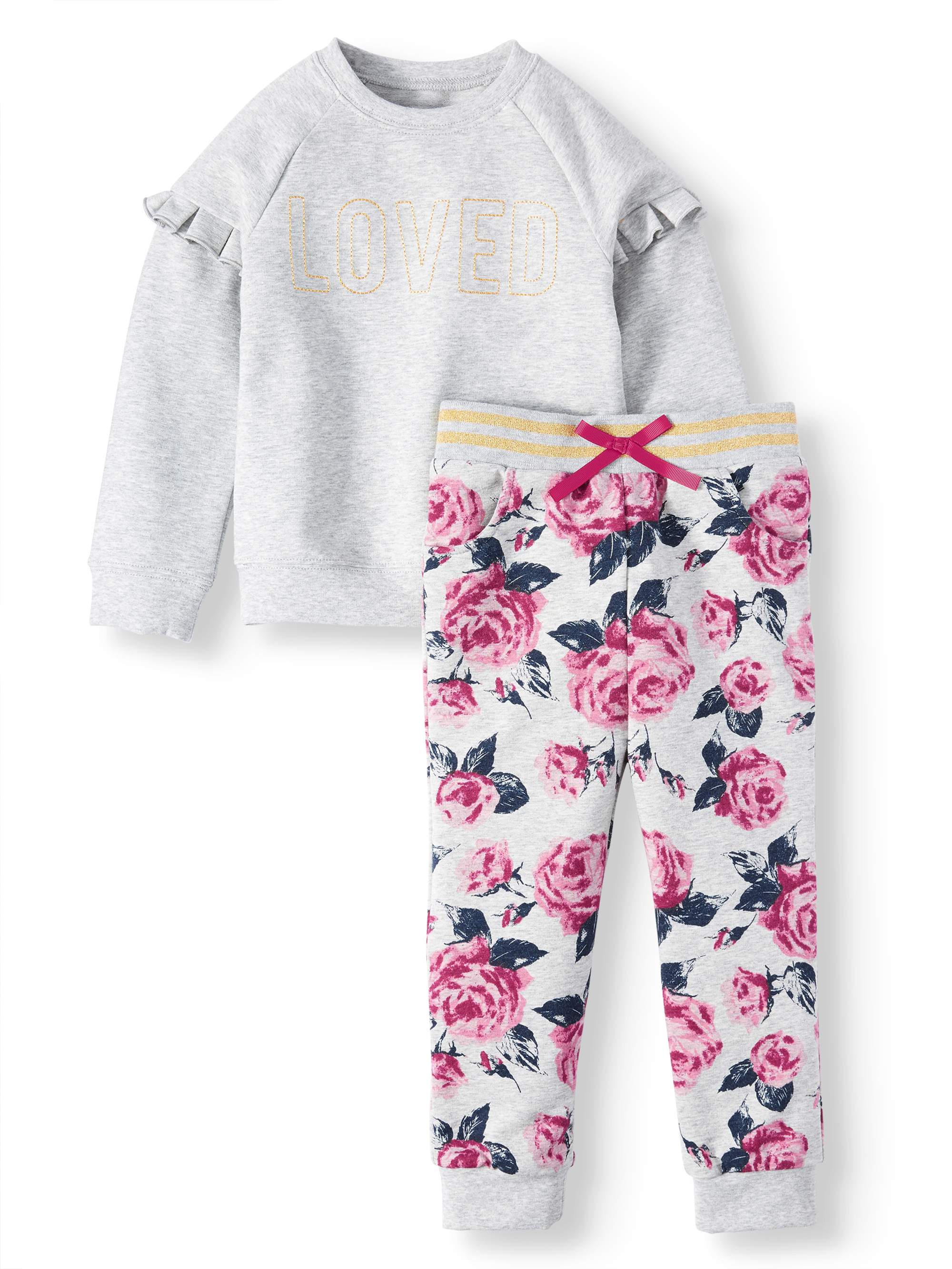 Wonder Nation Ruffle Fleece Top and Floral Jogger Pants, 2pc Outfit Set (Toddler Girls) - image 1 of 2