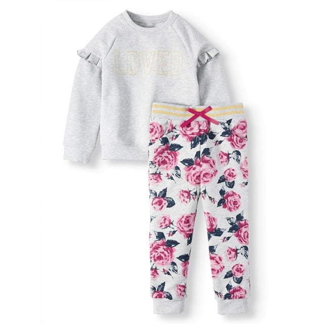 Wonder Nation Ruffle Fleece Top and Floral Jogger Pants, 2pc Outfit Set (Toddler Girls)