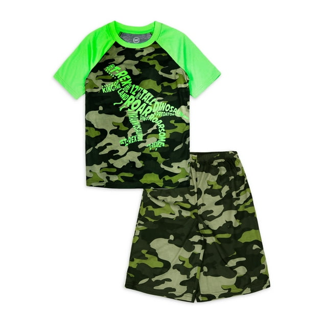 Wonder Nation Short Sleeve Crew Neck Camo Print Solid Pajamas (Little Boys Husky) 2 Piece Set