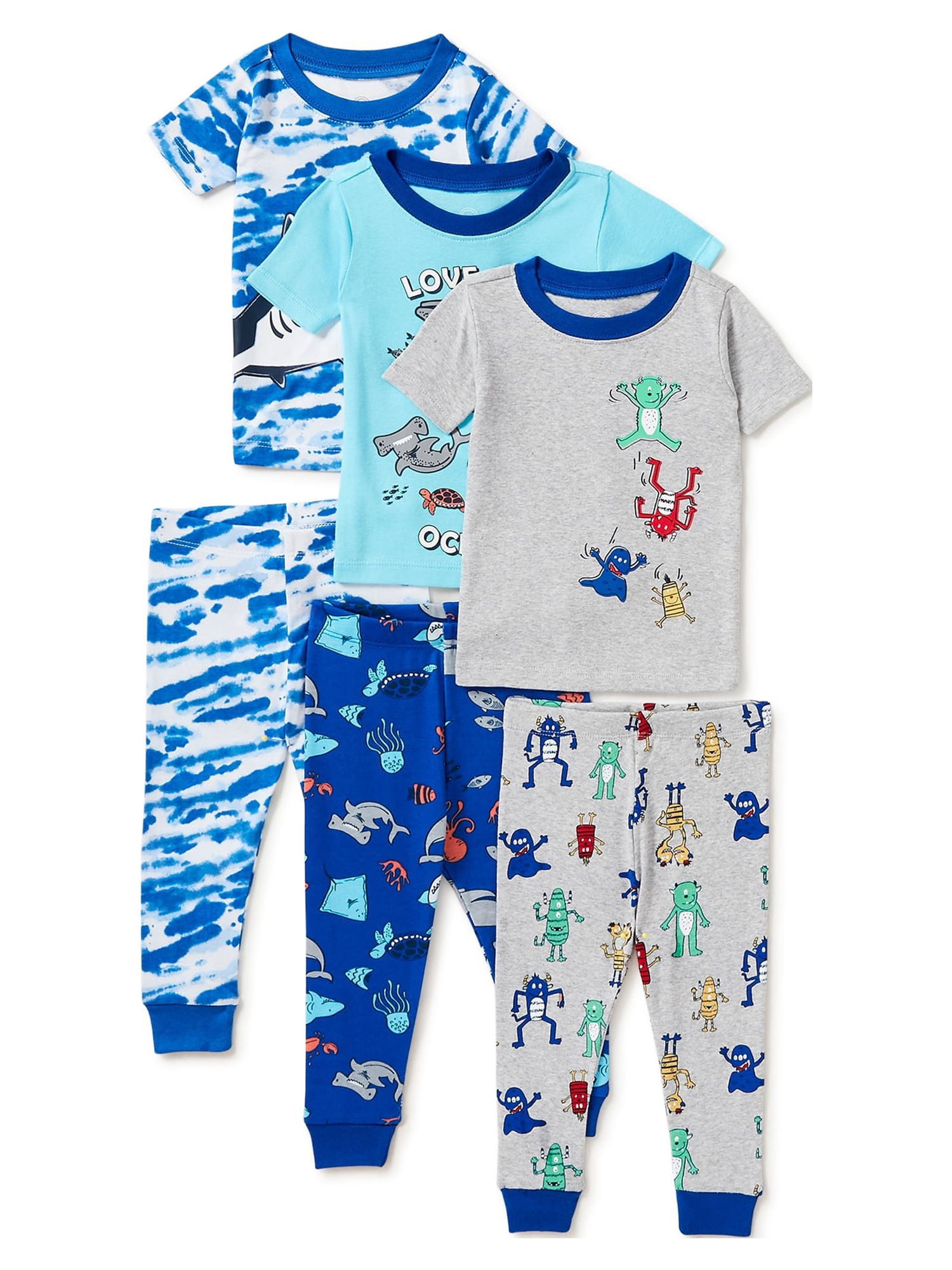 Wonder Nation Short Sleeve Crew Neck Graphic Prints Pajamas (Little Boys or Big Boys) 6 Piece Set