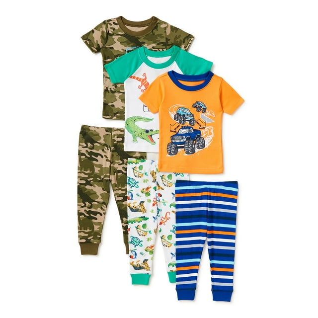 Wonder Nation Short Sleeve Crew Neck Graphic Prints Pajamas (Little Boys or Big Boys) 6 Piece Set