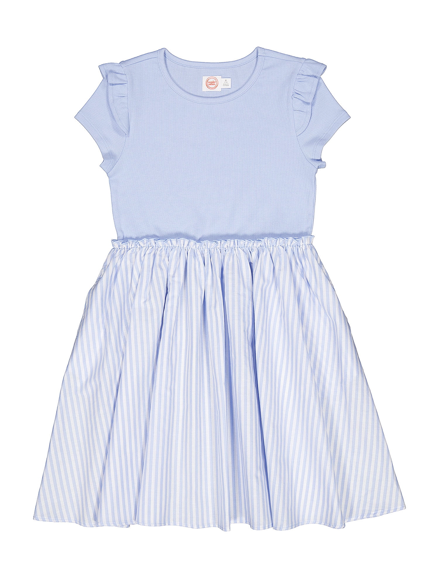 Girls' Mixed Media Dress with Short Ruffle Sleeves, Sizes 4-18 & Plus