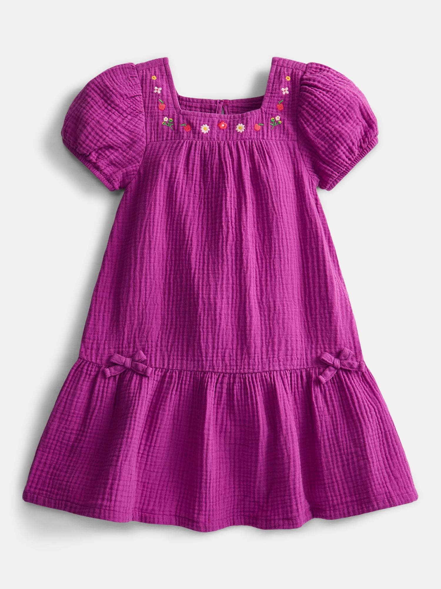 Wonder Nation Toddler Girls' Embroidered Cotton Play Dress with Short Puff Sleeves, Sizes 12M-5T