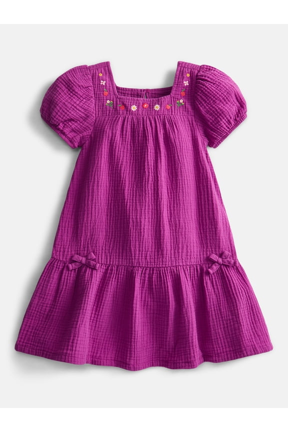 Toddler Girls' Embroidered Cotton Play Dress with Short Puff Sleeves, Sizes 12M-5T