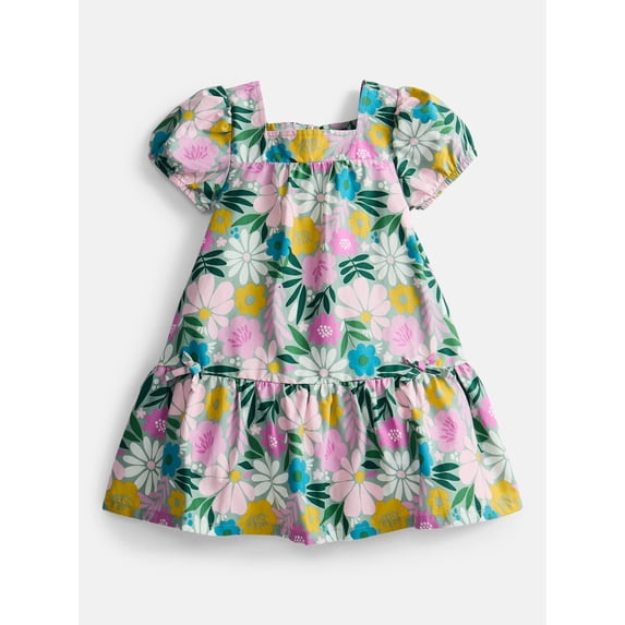 Wonder Nation Toddler Girls' Floral Cotton Play Dress with Short Puff Sleeves, Sizes 12M-5T