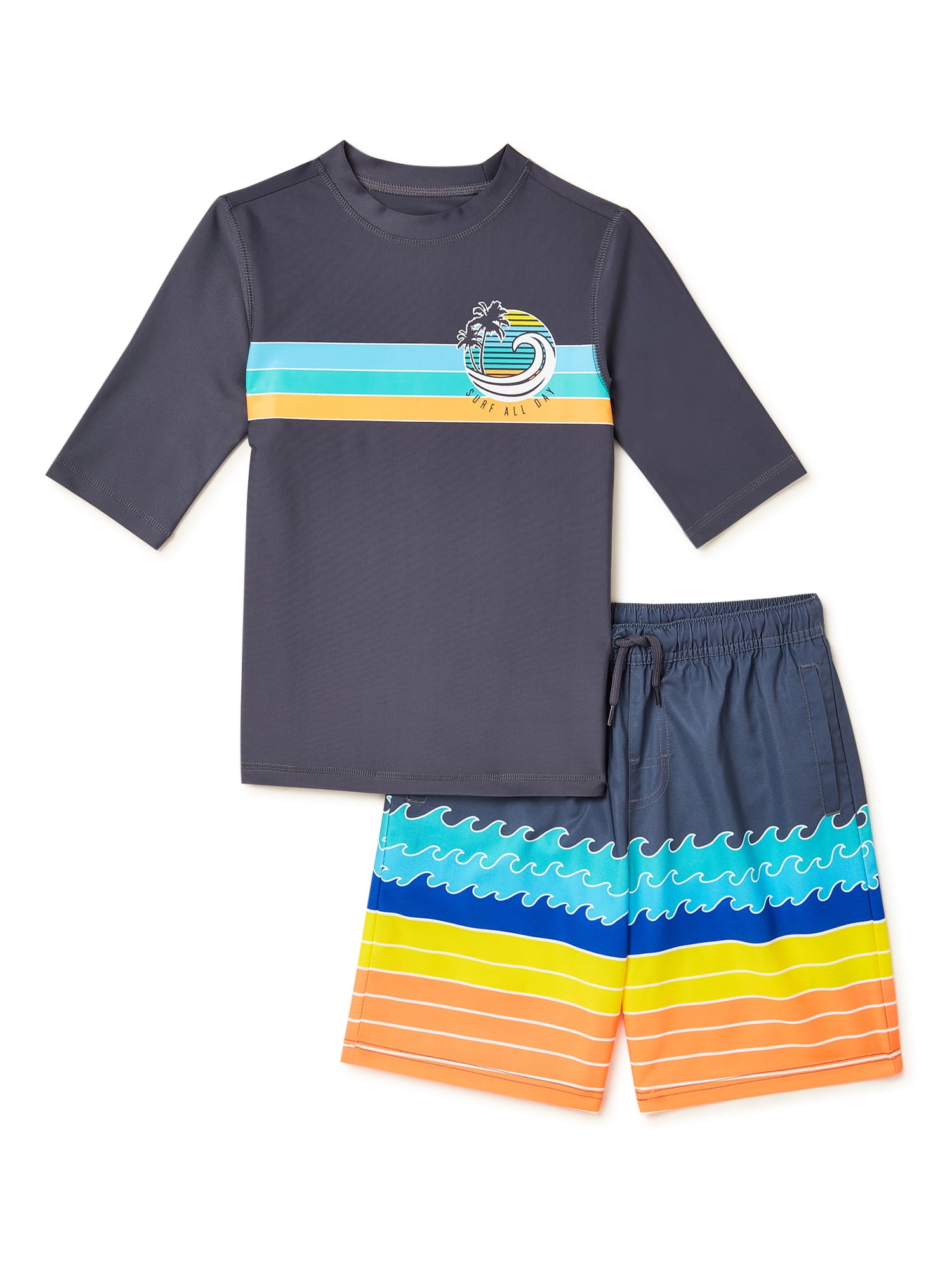 Wonder Nation Short Sleeve Rash Guard & Swim Trunk Swimsuit Set, 2