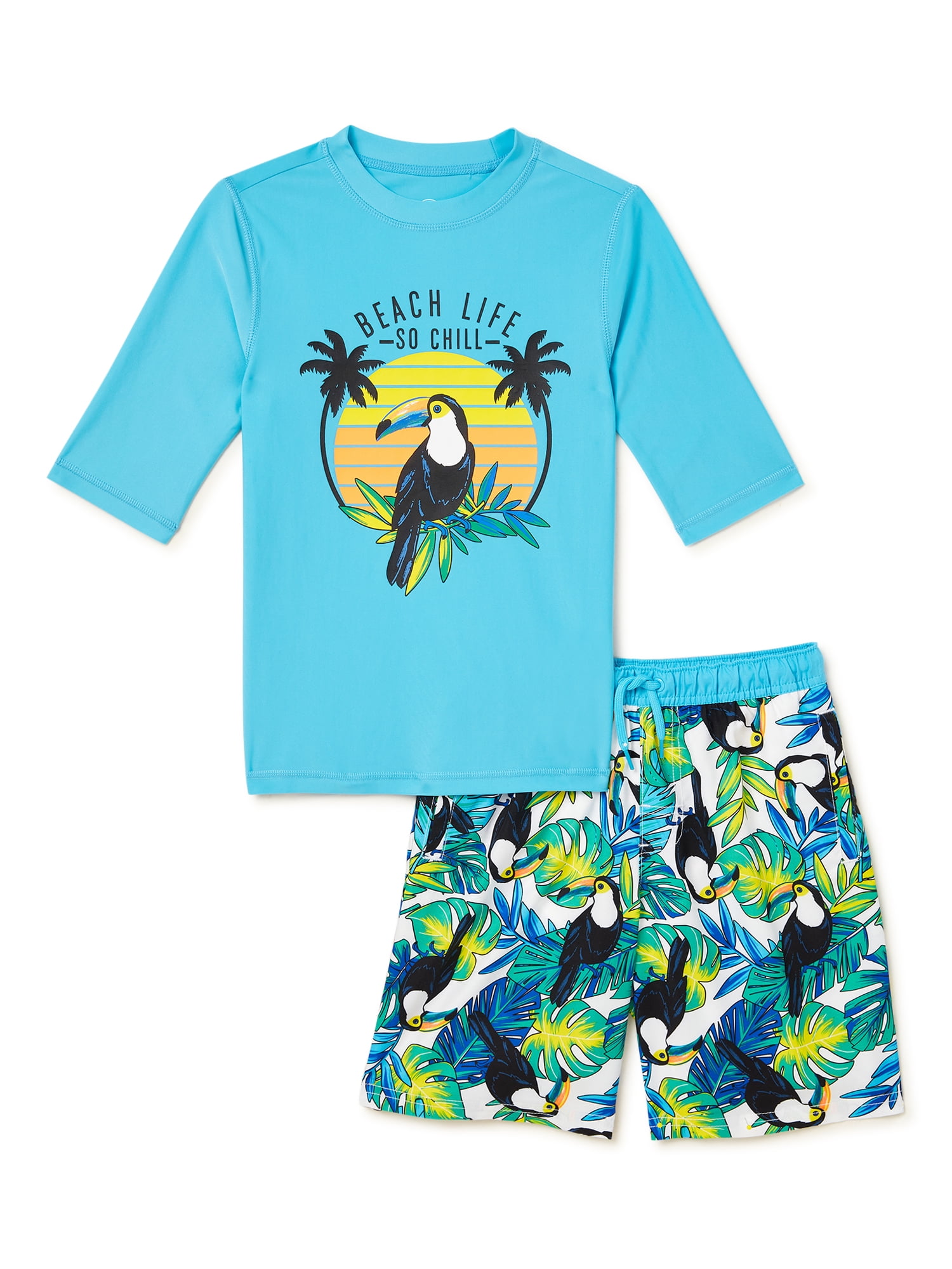 Wonder Nation Short Sleeve Rash Guard & Swim Trunk Swimsuit Set, 2