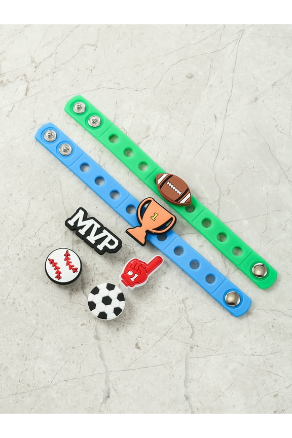 Silicone Charm Bracelet Set for Kids with Interchangeable Bracelets and Charms, Blue and Green, 8 Pieces