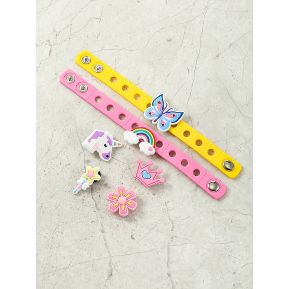 Wonder Nation Silicone Charm Bracelet Set for Kids with Interchangeable Bracelets and Charms, Pink and Yellow, 8 Pieces
