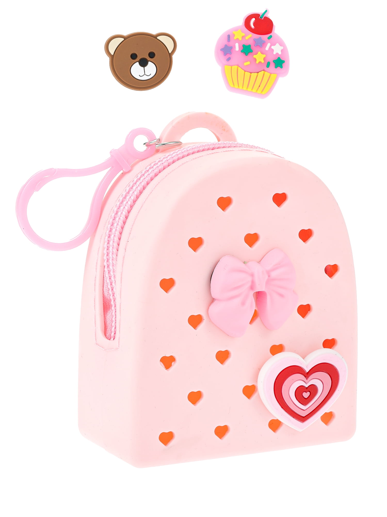 WONDER NATION Silicone Mini Backpack Bag Clip/Pouch for Kids with Interchangeable Charms, Pink, 5 Pieces