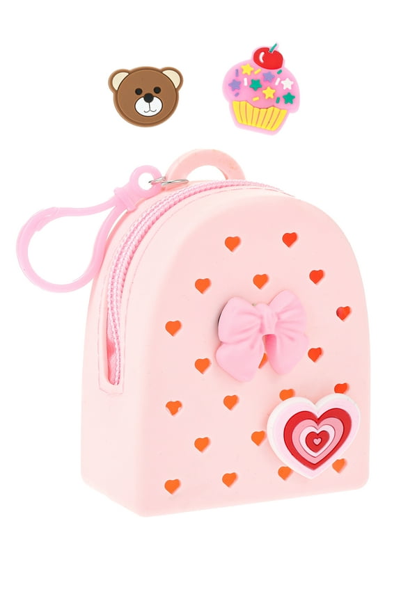 Silicone Mini Backpack Bag Clip/Pouch for Kids with Interchangeable Charms, Pink, 5 Pieces