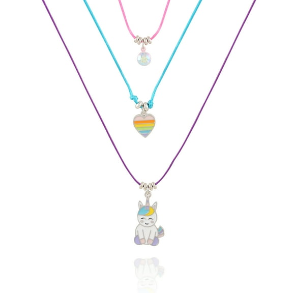 Wonder Nation Silver-Tone Trio Bright Girls Unicorn Layered Necklace Set.