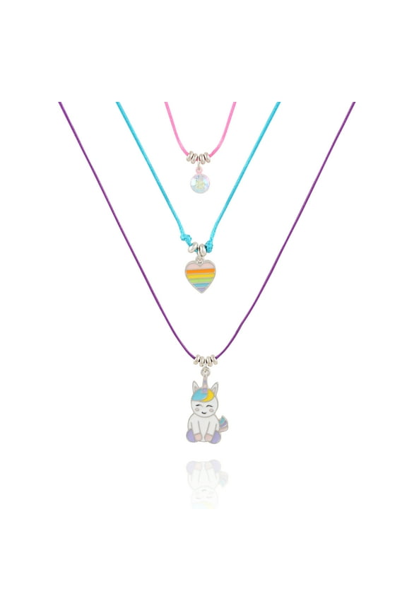 Silver-Tone Trio Bright Girls Unicorn Layered Necklace Set.