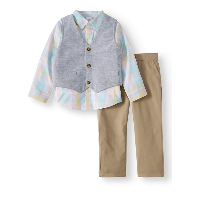 Wonder Nation Toddler Boy Long-Sleeve Button-Up, Vest, & Pants Outfit Set, 3-Piece (2T-5T)