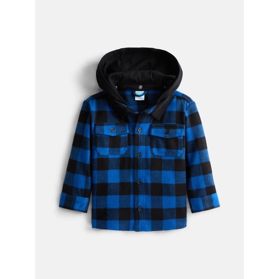 Wonder Nation Toddler Boys' Button Down Flannel Shirt with Hood, Sizes 12M-5T