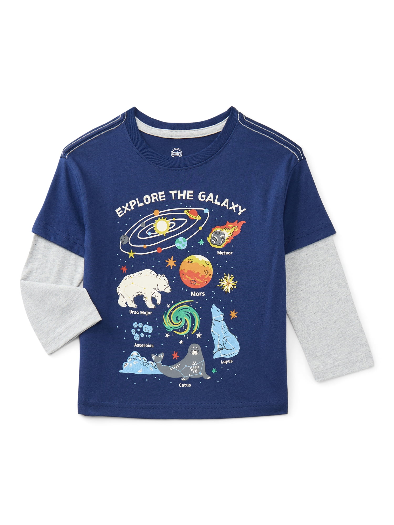 Wonder Nation Toddler Boys Cotton Twofer Graphic Tee with Long Sleeves, Sizes 12M-5T