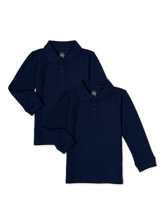 Toddler Boys School Uniform Long Sleeve Pique Polo Shirt, 2-Pack, Sizes 2T - 5T