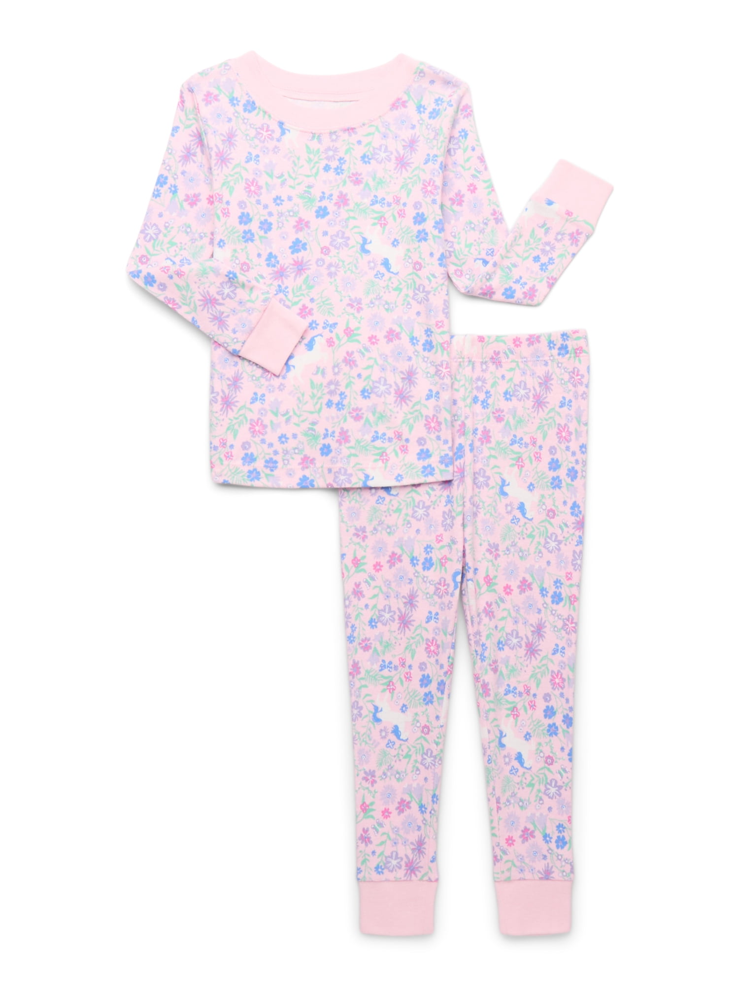 Wonder Nation Toddler Cotton Long Sleeve Sleep Tee and Pants Pajama Set, 2-Piece, Sizes 12M-5T