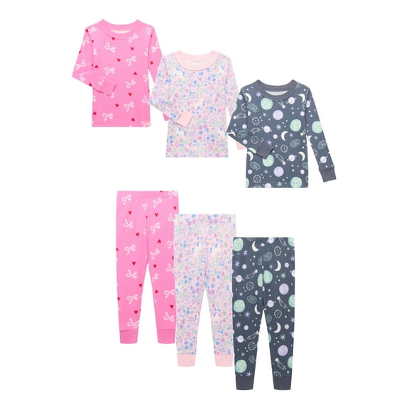 Wonder Nation Toddler Cotton Long Sleeve Tee and Pants Pajama 3-Pack Set, 6-Piece, Sizes 12M-5T