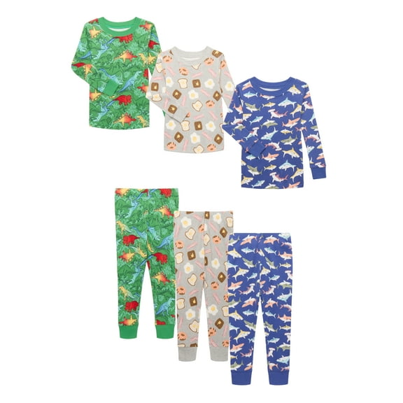 Wonder Nation Toddler Cotton Long Sleeve Tee and Pants Pajama 3-Pack Set, 6-Piece, Sizes 12M-5T