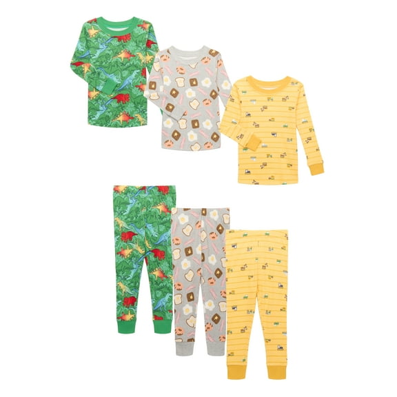 Wonder Nation Toddler Cotton Long Sleeve Tee and Pants Pajama 3-Pack Set, 6-Piece, Sizes 12M-5T