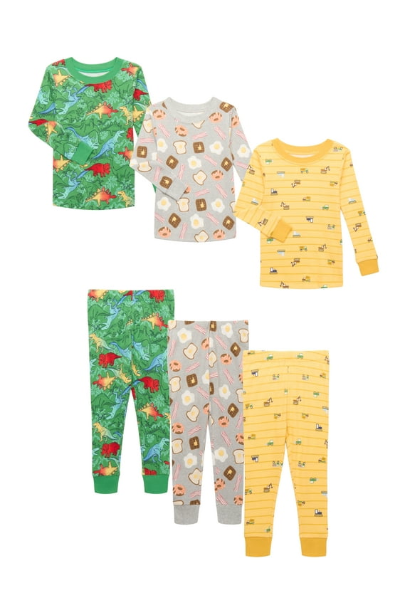 Toddler Cotton Long Sleeve Tee and Pants Pajama 3-Pack Set, 6-Piece, Sizes 12M-5T