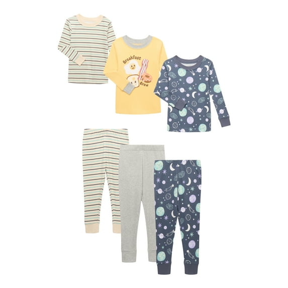 Wonder Nation Toddler Cotton Long Sleeve Tee and Pants Pajama 3-Pack Set, 6-Piece, Sizes 12M-5T