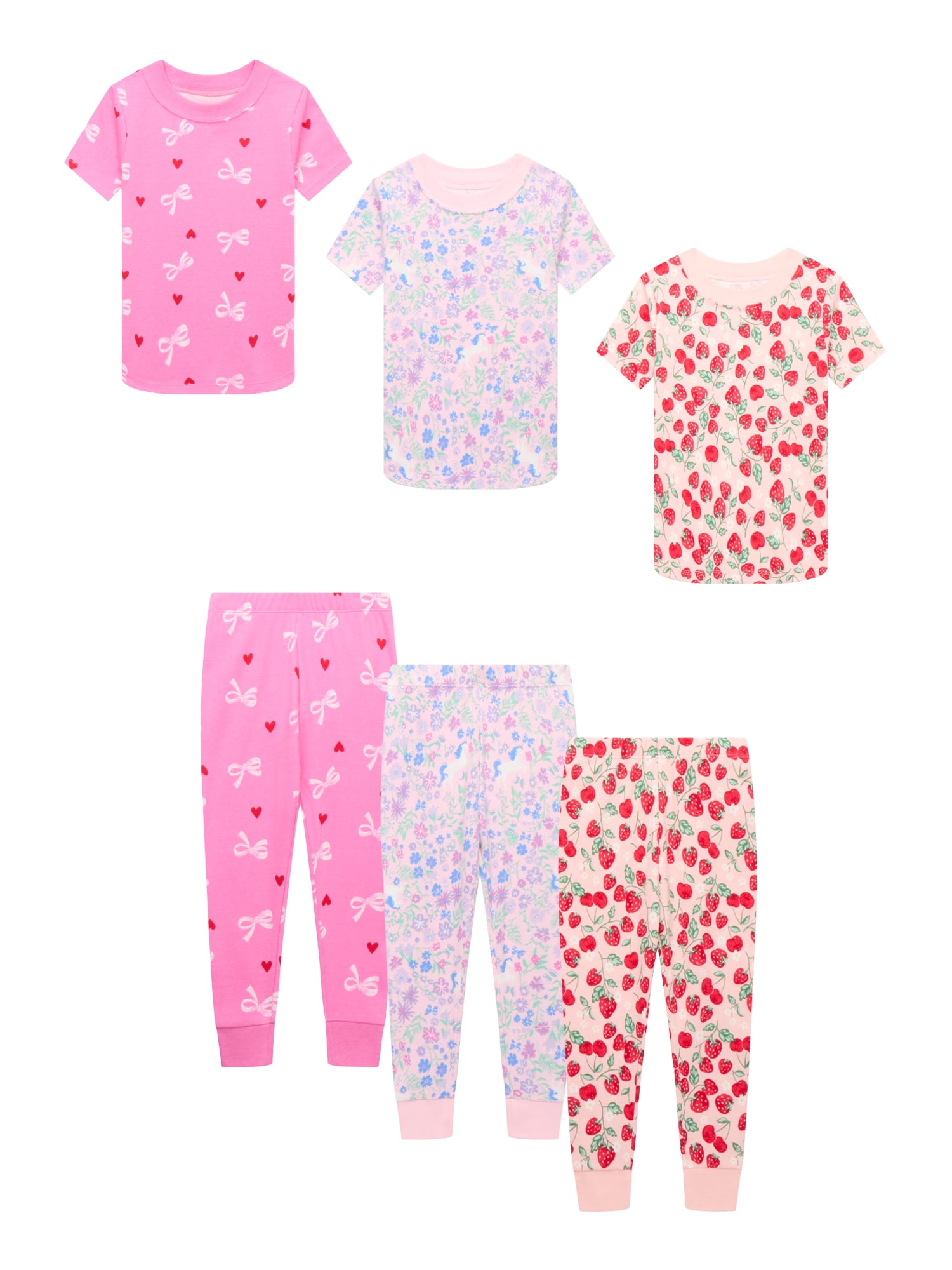 Wonder Nation Toddler Girls Cotton Tee and Pants Sleep Set, 3-Pack, Sizes 12M-5T