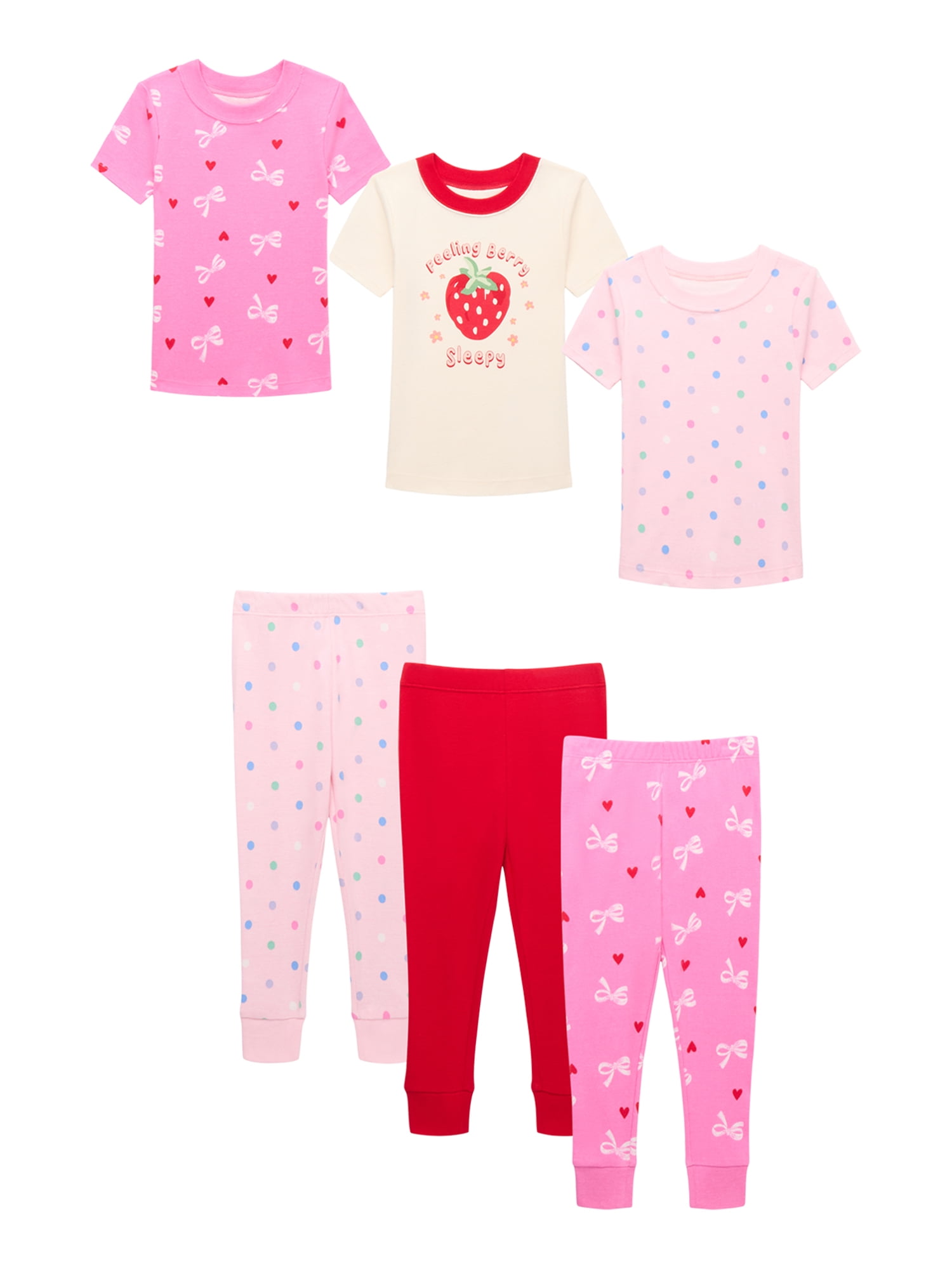 Toddler Girls 6-Piece Cotton Snug Fit Pajama Set, Sleep Tee and Pants, Sizes 12M-5T
