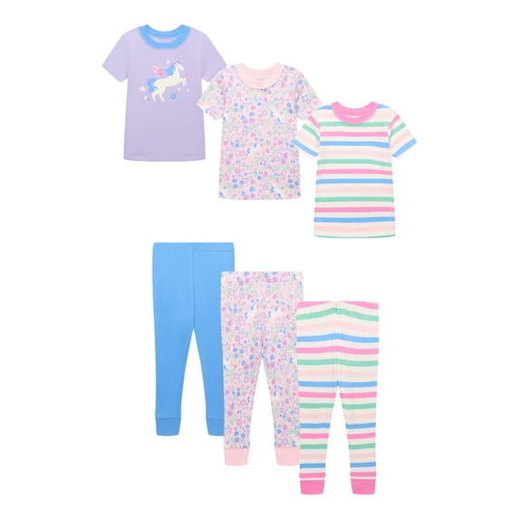 Wonder Nation Toddler Girls Cotton Tee and Pants Sleep Set, 3-Pack, Sizes 12M-5T