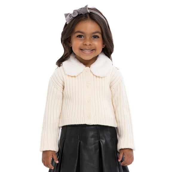 Wonder Nation Toddler Girls Cardigan Sweater with Faux Fur Collar, Lightweight, Sizes 12M-5T