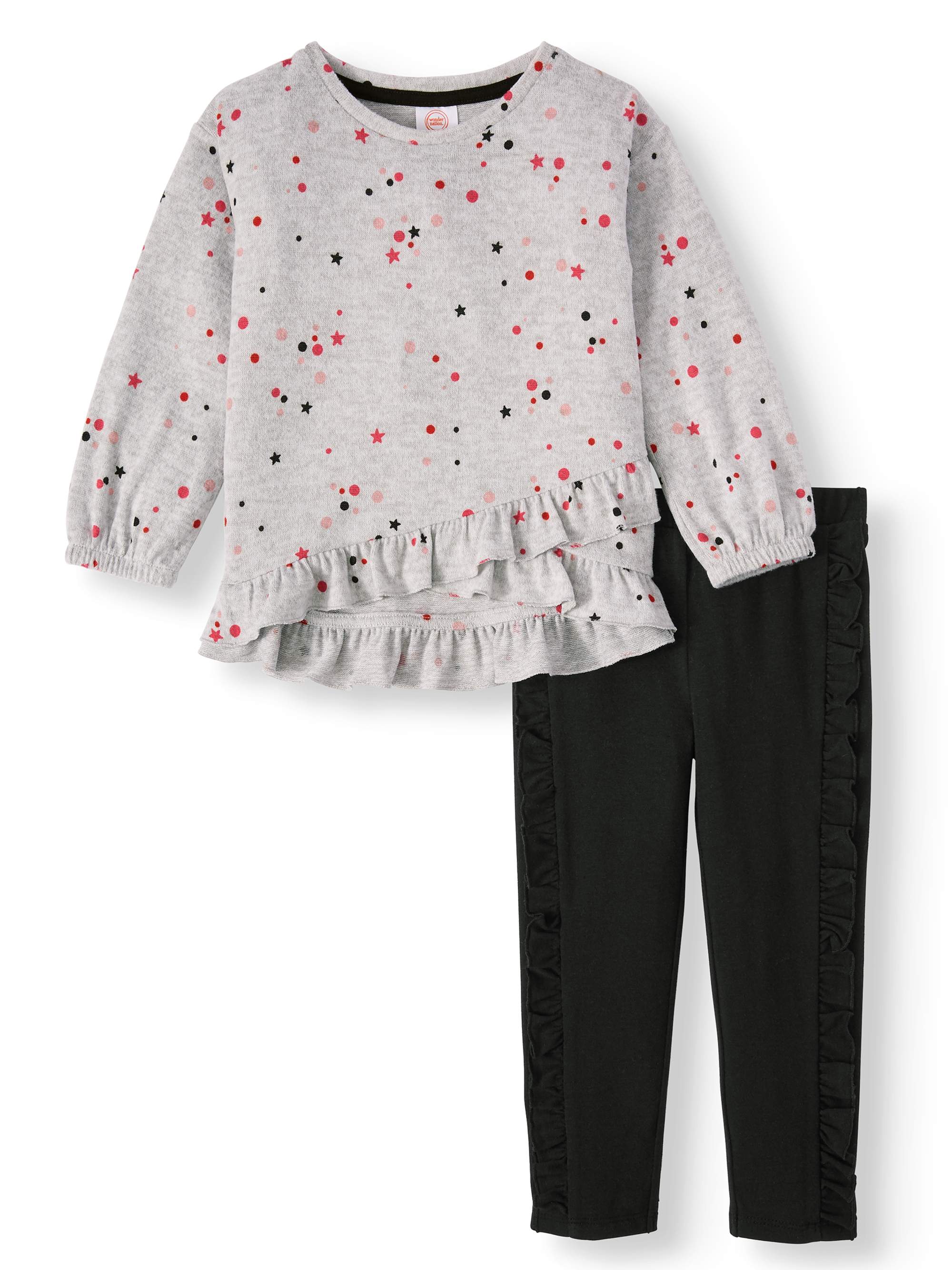 Wonder Nation Toddler Girl Asymmetrical Ruffle Knit Top & Leggings, 2 pc Outfit Set - image 1 of 2