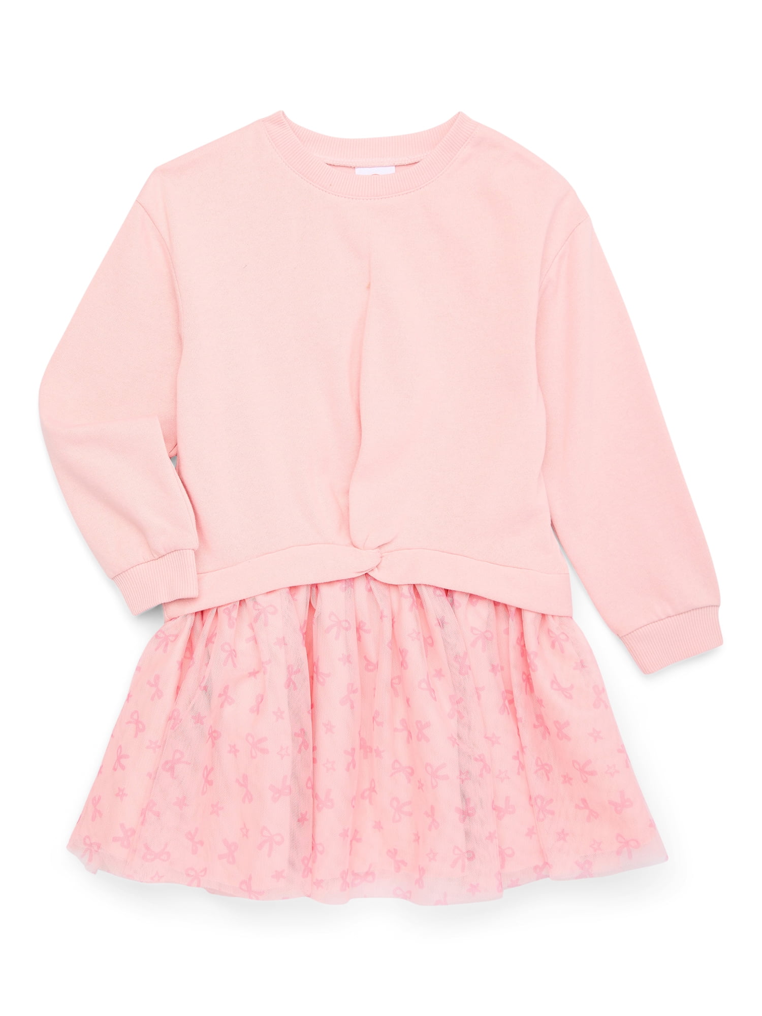 Wonder Nation Toddler Girl Bow Printed Tulle Dress with Long Sleeves, Sizes 12M-5T