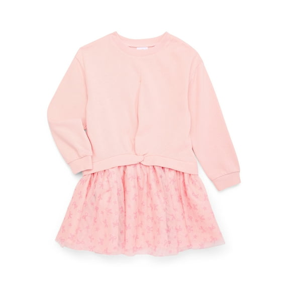 Wonder Nation Toddler Girl Bow Printed Tulle Dress with Long Sleeves, Sizes 12M-5T