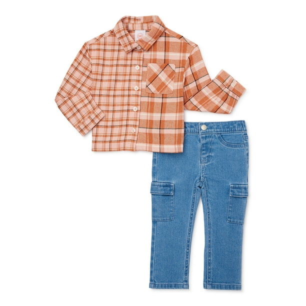 Wonder Nation Toddler Girl Button Down Shirt and Cargo Pants Set, 2