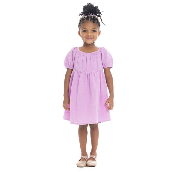 Wonder Nation Toddler Girl Cotton Swiss Dot Dress with Puff Sleeves, Sizes 12M-5T