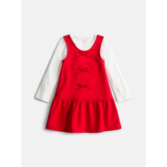 Wonder Nation Toddler Girls Bow Front Dress and Ribbed Tee, 2 Piece, Sizes 12M-5T